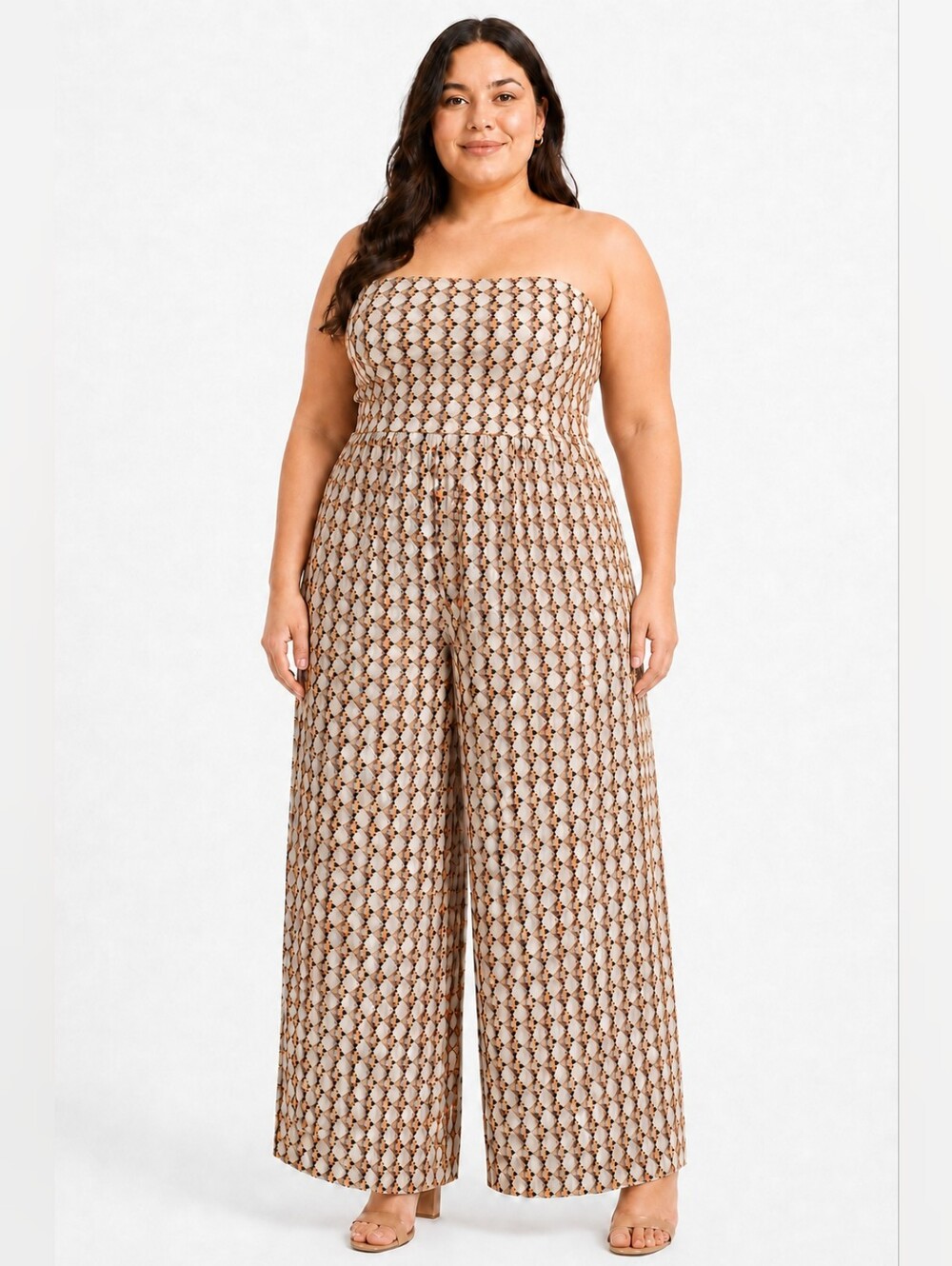 NWT Cheztu Strapless Wide-Leg Jumpsuit in Beige Brown Print Sz 22